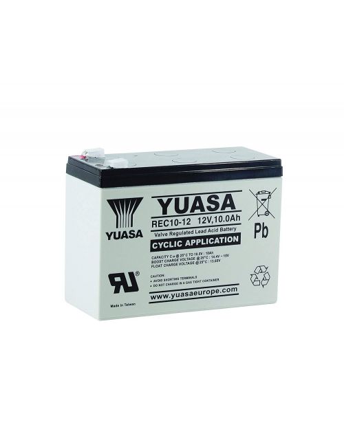 Batería 12V 10Ah YUASA serie REC, alto rendimiento cíclico.