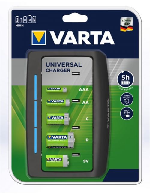 Cargador para pilas AAA, AA, C, D y 9V recargables Varta