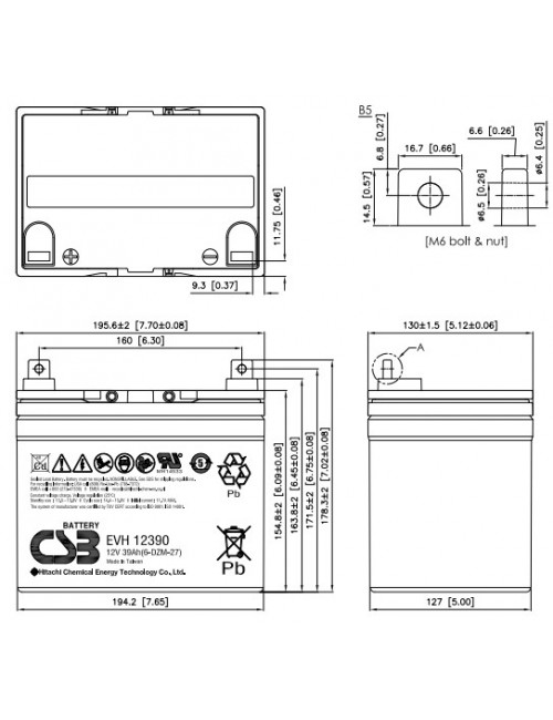 Pack 2 baterías para silla de ruedas y scooter eléctrico de 12V 39Ah C20 ciclo profundo CSB EVH12390 - 2xEVH12390 -  -  - 2