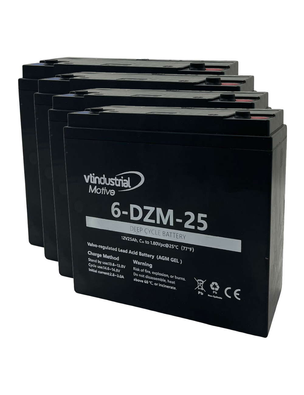 Pacote de 4 baterias (48V) para Veleco Draco de 12V 25Ah C20 ciclo profundo serie Motive 6-DZM-25 - 1 Pacote de 4 baterias (48V) para Veleco Draco de 12V 25Ah C20 ciclo profundo serie Motive 6-DZM-25 - 1