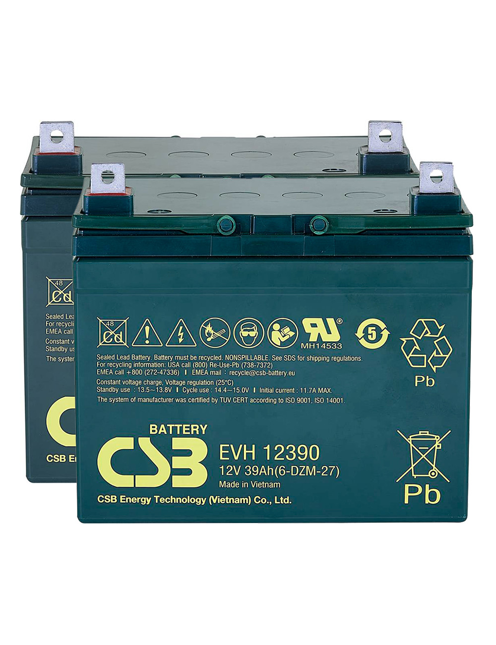 Pacote 2 baterias para cadeira de rodas e scooter elétrico 12V 39Ah C20 ciclo profundo CSB EVH12390 - 1