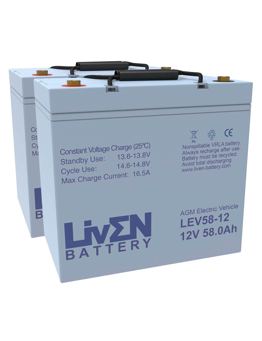 Pack 2 baterías para Quickie Q200R sin basculación de Sunrise Medical de 12V 58Ah C20 ciclo profundo Liven LEV58-12 - 2xLEV58-12