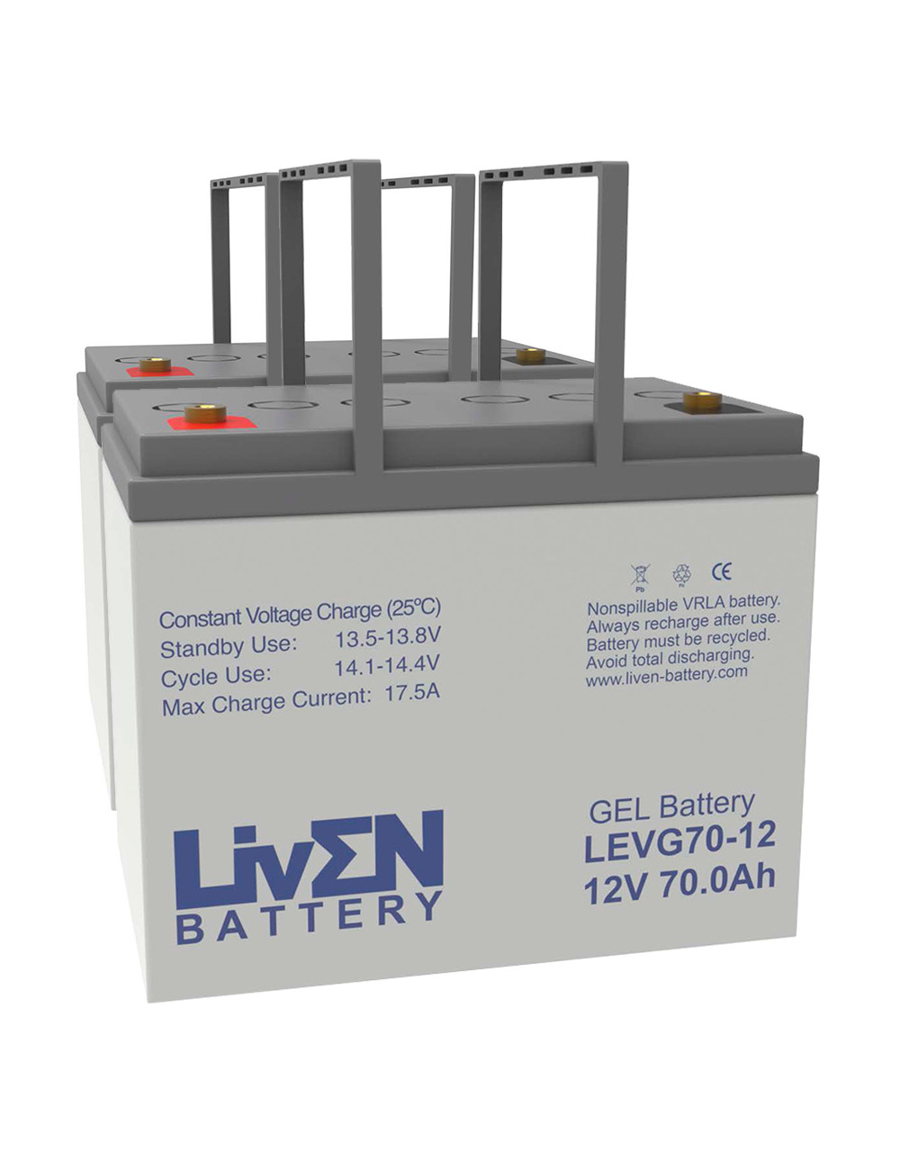 Pack 2 baterías de gel para silla de ruedas y scooter eléctrico de 12V 70Ah C20 ciclo profundo Liven LEVG70-12 - 2xLEVG70-12 -  