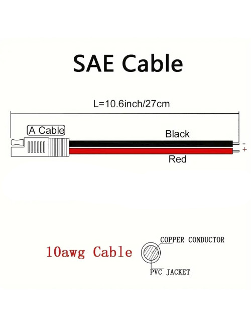 Cabo com conetor SAE 2 pinos 10A 30cm 10AWG - 2