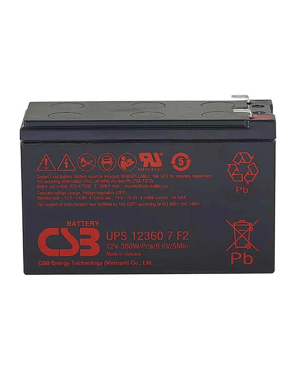 Batería 12V 7,5Ah 360W CSB UPS 12360 7 F2 - CSB-UPS123607 -  -  - 1