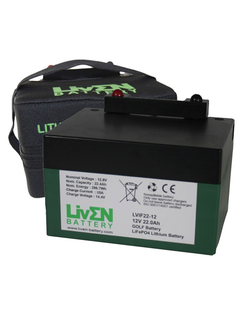 Bateria para trolley de golfe 12,8V 22,4Ah LiFePO4 com bolsa e carregador Liven LVIF22-12G - 1