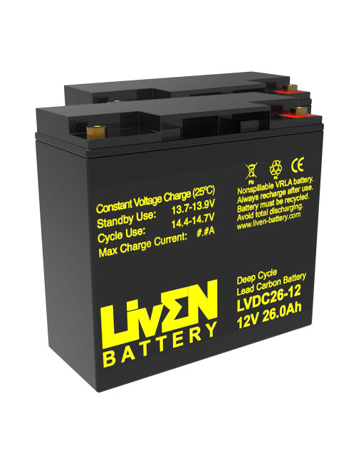 Pacote 2 baterias gel carbono para cadeira de rodas e scooter eléctrico de 12V 26Ah C20 ciclo profundo Liven LVDC76-12 - 1