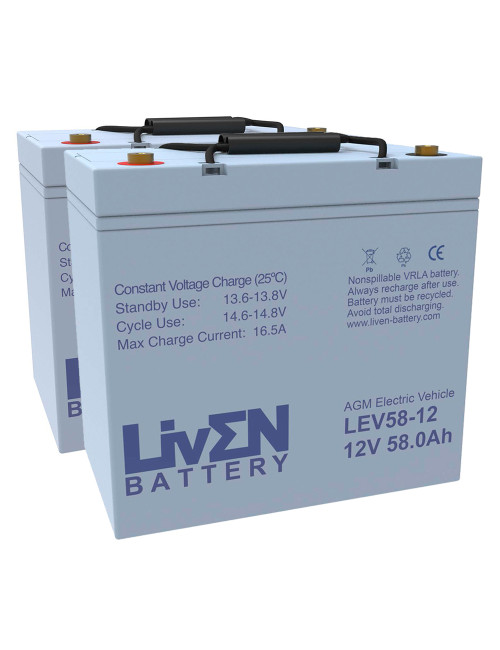 Pacote 2 baterias para Invacare Bora de 12V 58Ah C20 ciclo profundo LivEN LEV58-12 - 1