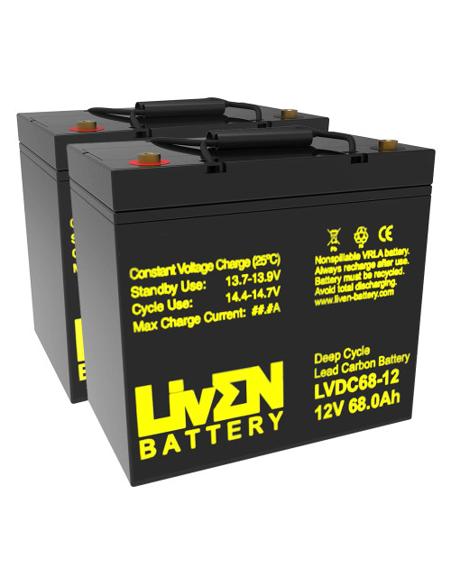 Pacote 2 baterias gel carbono para Quickie Q200R sem basculação de Sunrise Medical 12V 68Ah C20 ciclo profundo Liven LVDC68-12 -