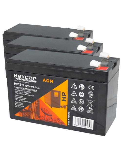 Pacote 3 baterias para Invacare Esprit Action de 12V 9Ah C20 36W alta descarga Heycar HP12-9 - 1