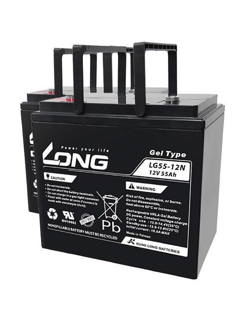 Pack 2 baterías de gel para sillas de ruedas y scooters eléctricos de 12V 55Ah C20 ciclo profundo Long LG55-12N - 2xLG55-12N -  