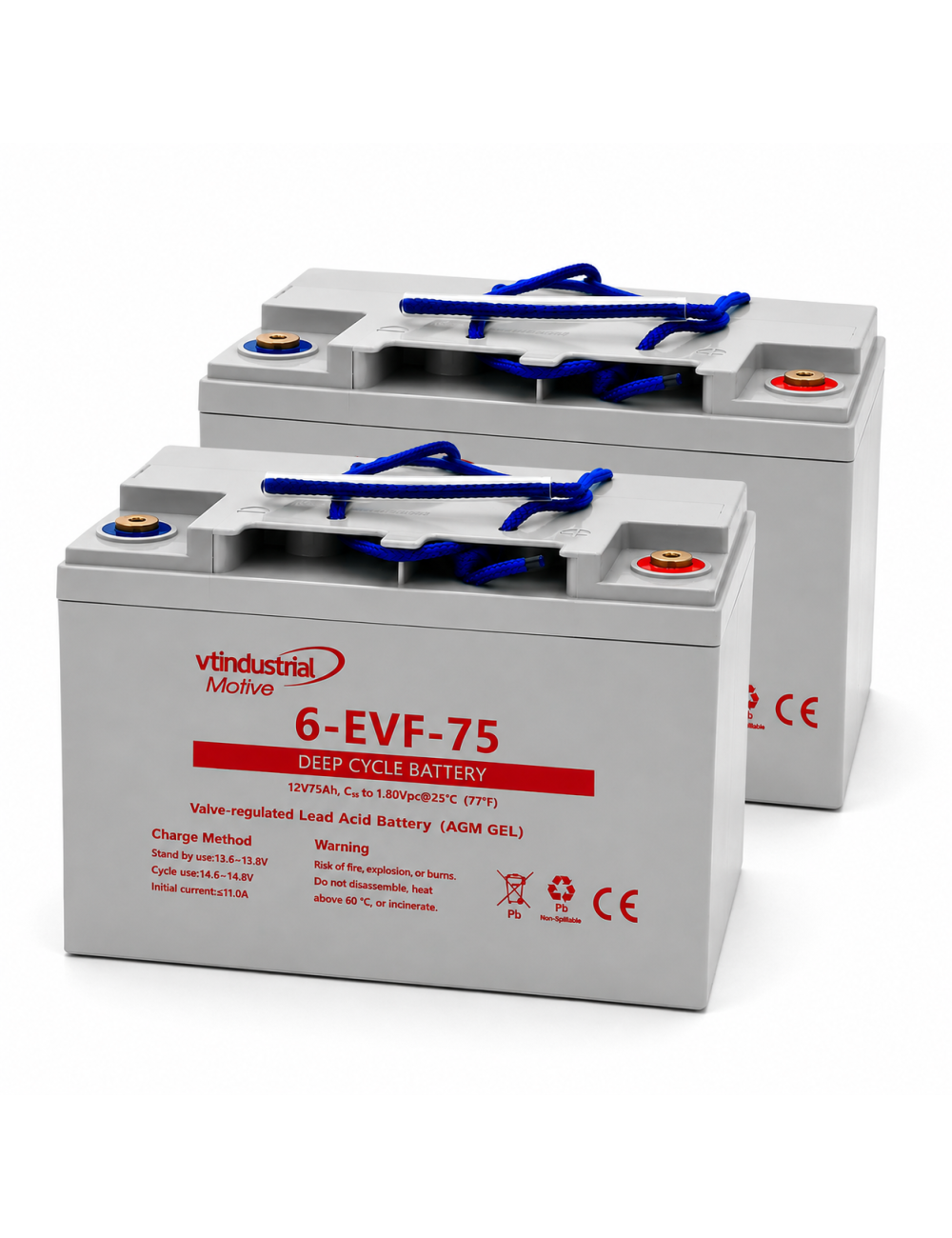 Pacote 2 baterias de gel para cadeira de rodas e scooter eléctrico 12V 75Ah C20 ciclo profundo Industrial Motive 6-EVF-75 - 1