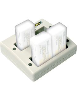 Carregador para pilhas de 9V com 4 bancos de carga independentes, controlo de carga por microprocessador e adaptador para carro.