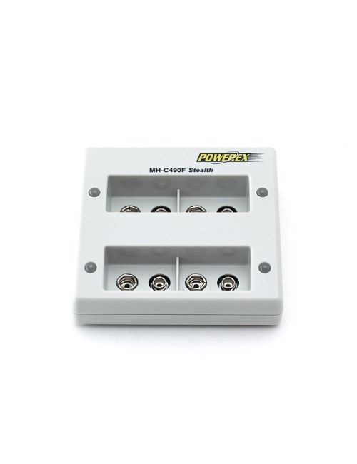Carregador para pilhas de 9V com 4 bancos de carga independentes, controlo de carga por microprocessador e adaptador para carro.