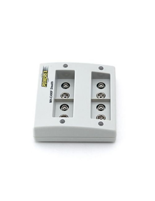 Carregador para pilhas de 9V com 4 bancos de carga independentes, controlo de carga por microprocessador e adaptador para carro.