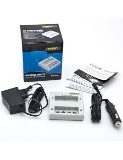 Carregador para pilhas de 9V com 4 bancos de carga independentes, controlo de carga por microprocessador e adaptador para carro.